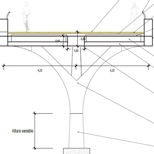 Plano detallado de columna estructural tipo tridente con dos ramales y apoyo central, utilizada en zonas con gálibo reducido en la Calzada Chivatito.