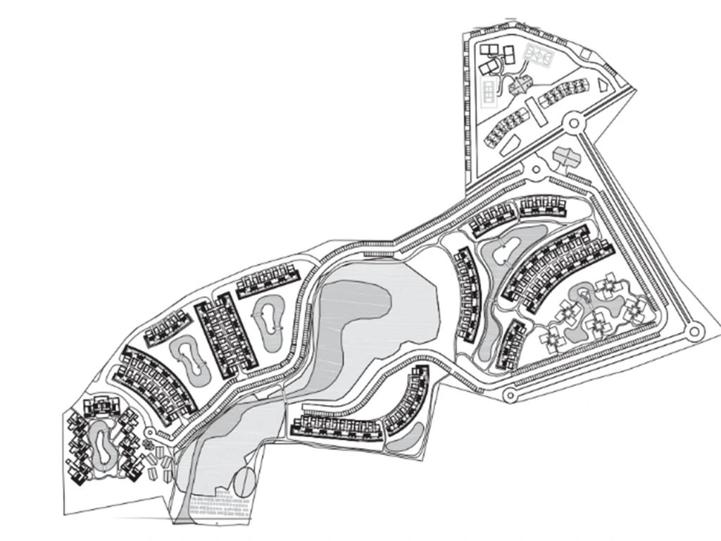 Plano general del proyecto The Reef en Playa Bonita, Las Terrenas, que muestra la distribución de edificaciones, áreas verdes y accesos.