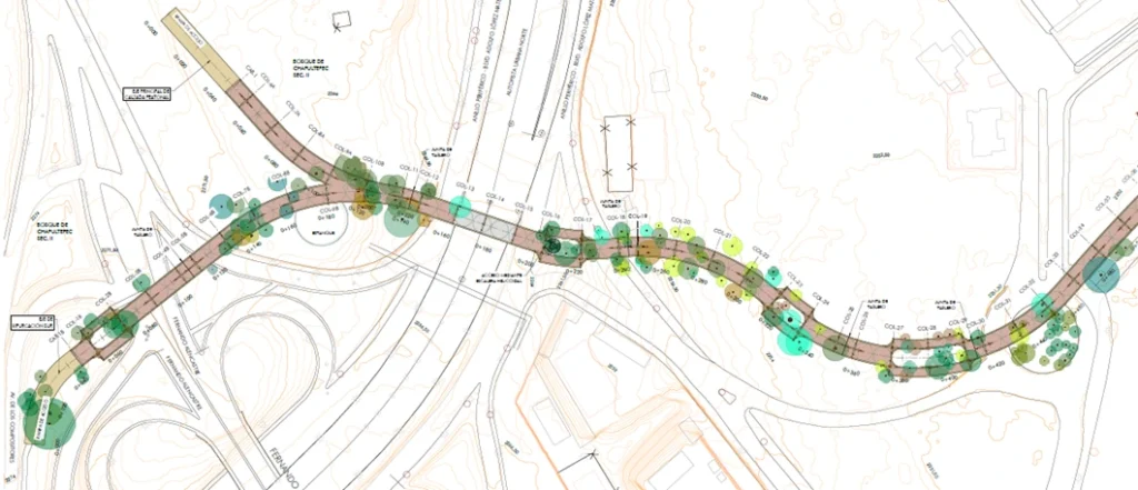 Plano técnico de la Fase 2 de la Calzada Peatonal Chivatito, que muestra el tramo entre el Parque Rosario Castellanos y el acceso por Av. de los Compositores en Chapultepec.