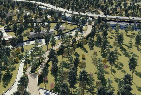 Render de la Calzada Peatonal Chivatito integrada en el paisaje del Bosque de Chapultepec, mostrando su recorrido y relación con el entorno natural.