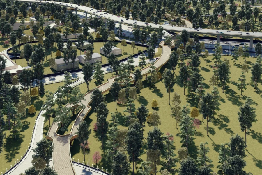 Render de la Calzada Peatonal Chivatito integrada en el paisaje del Bosque de Chapultepec, mostrando su recorrido y relación con el entorno natural.