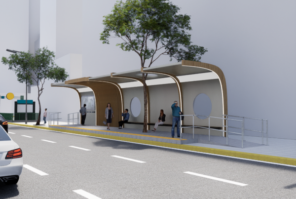 Ejemplo de una estación sostenible modular ENSAMBLE integrada en el entorno, fomentando la movilidad urbana en Buenos Aires.